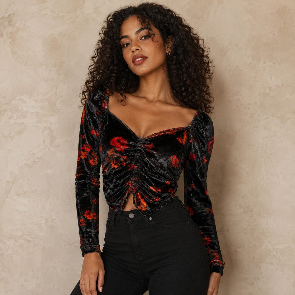 WAYF Closing Time Black Red Rose Velvet Ruched Crop Top S Goth Romantic